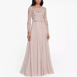 XSCAPE Petite Long Mesh-Sleeve Sequin Embellished Illusion Chiffon Gown in Taupe